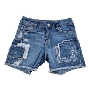 Polo Ralph Lauren Denim Jean Shorts Patches Frayed Hem Adjustable Waist Size 7